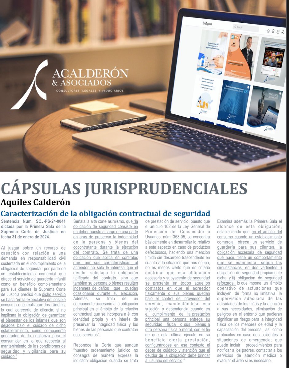 a_calderon's tweet photo. En nuestras acostumbradas #CápsulasJurisprudenciales de los miércoles, la sentencia núm. SCJ-PS-24-0041, dictada por la Primera Sala de la Suprema Corte de Justicia en fecha 31-1-2024, en la que analiza las características y el alcance de la obligación contractual de seguridad. https://t.co/LjAYgFc1Ai