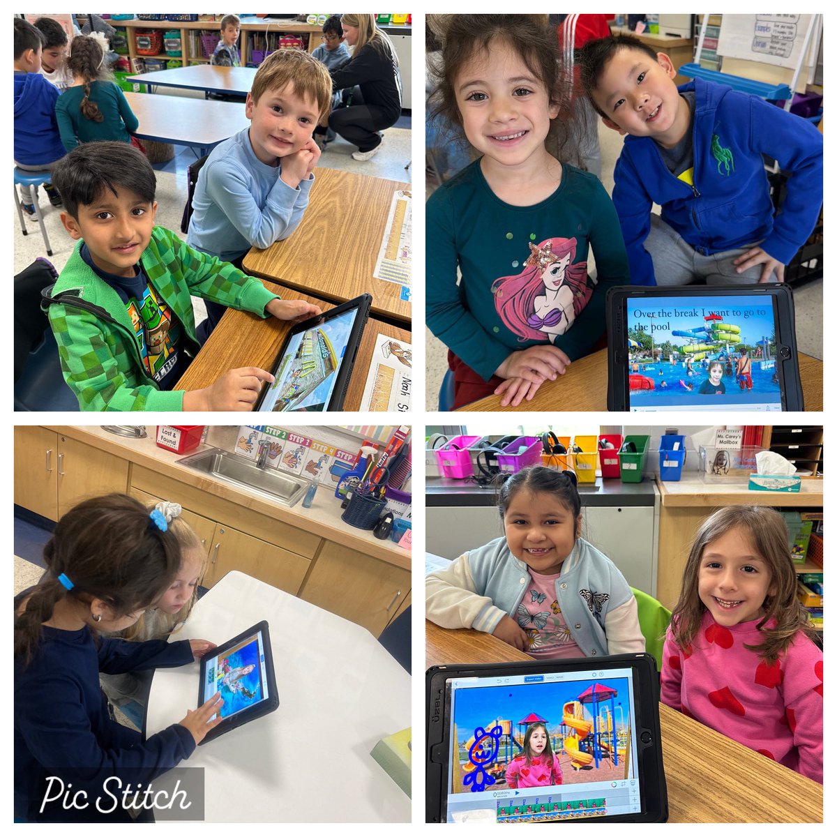 MsCareyCL's tweet photo. Room 9 shared their Green Screen knowledge with our kindergarten friends! Students created videos about Spring Break plans😎🐸 @bcipriano6 @CherryLaneCP1 https://t.co/85xXWfzrfe