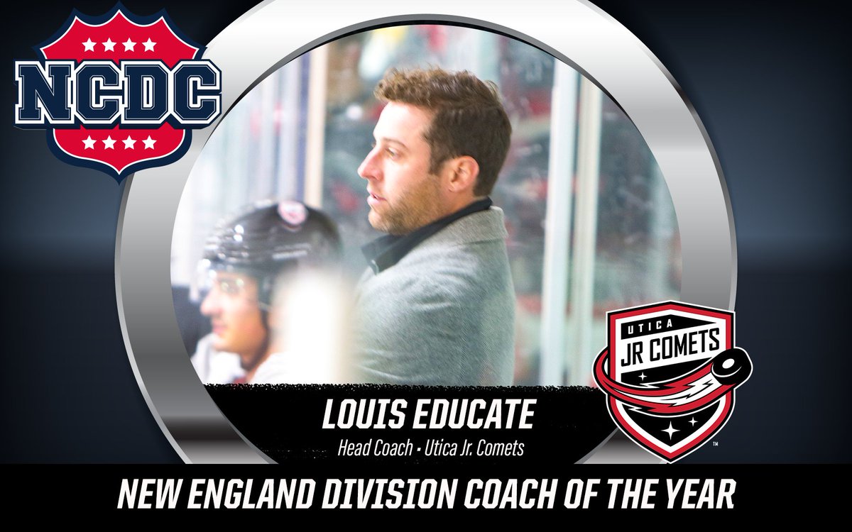 #NCDCAwards: Congratulations go to the <a href="/UticaJrComets/">Utica Jr. Comets</a> Head Coach Louis Educate for being named the New England Division 2023-24 Coach Of The Year. Educate lifted the Jr. Comets from 18 wins last year to 30 in 2023-24. 

More to come tomorrow! 

Full Story:
ncdchockey.com/ncdcawards-uti…