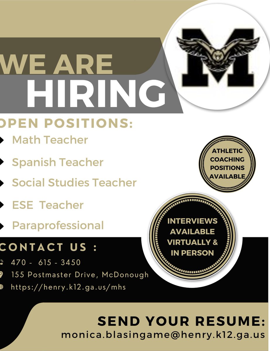 We heard you want to be a WARHAWK! Well, we’re looking to hire!! Teaching and coaching positions available now. Let us know you’re interested by sending an email or applying online… TODAY! @PrincipalBGame @ENunnallyEdu @kbturner973 @MsCastilloMHS