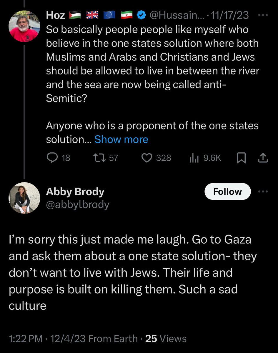 🚨 “[Gazans’] life purpose is built on killing [Jews]. Such a sad culture”

Abby Brody is an educator in New York. We will archive these comments.

🧵 (1/2)