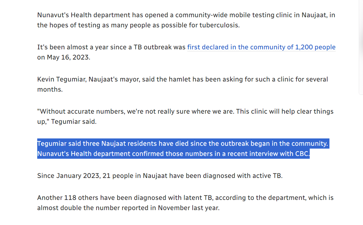 It's stunning that there is this much #TB, and this many deaths, in a small Canadian community, and it isn't getting more attention. And this is just one of multiple communities in Nunavut facing #tuberculosis outbreaks right now! cbc.ca/news/canada/no…