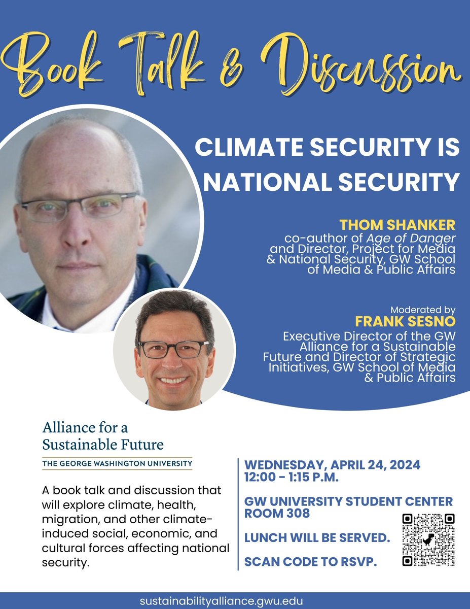 CLIMATE SECURITY IS NATIONAL SECURITY. Next Wednesday, April, 24, @franksesno and I explore health, migration, military readiness, and other climate-induced NatSec challenges. Join us.