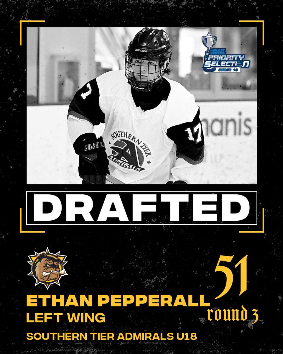 With the 51st Overall Selection in the #OHLU18Draft the Brantford Bulldogs are proud to select Ethan Pepperall from the Southern Tier Admirals U18!

#BFD #WeAreBrantford #OHL