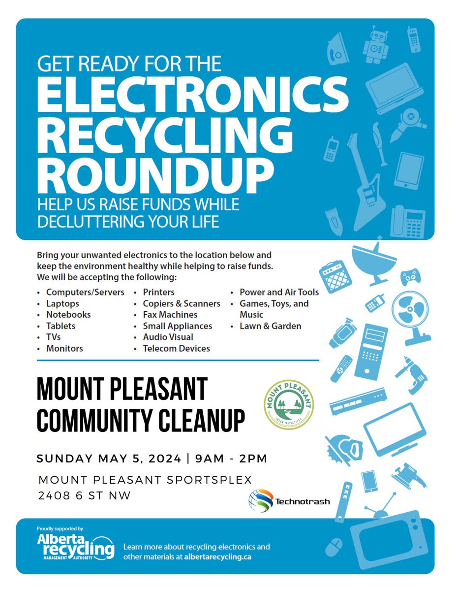 MountPleasantCA's tweet photo. Mount Pleasant Community Cleanup 

Sunday, May 5th | 9 am - 2 pm Mount Pleasant SportsPlex

This event is organized by the MPCA Green Initiatives Committee and the City of Calgary.

Visit our website for the most up-to-date information: https://t.co/hMkmr7HnFR https://t.co/Wu6LDXYbGx