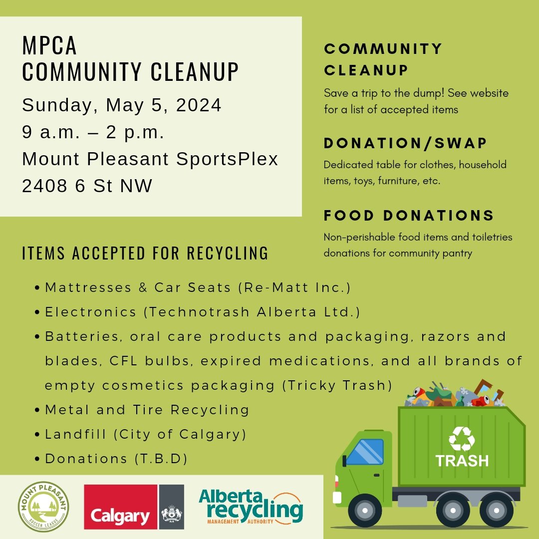 MountPleasantCA's tweet photo. Mount Pleasant Community Cleanup 

Sunday, May 5th | 9 am - 2 pm Mount Pleasant SportsPlex

This event is organized by the MPCA Green Initiatives Committee and the City of Calgary.

Visit our website for the most up-to-date information: https://t.co/hMkmr7HnFR https://t.co/Wu6LDXYbGx