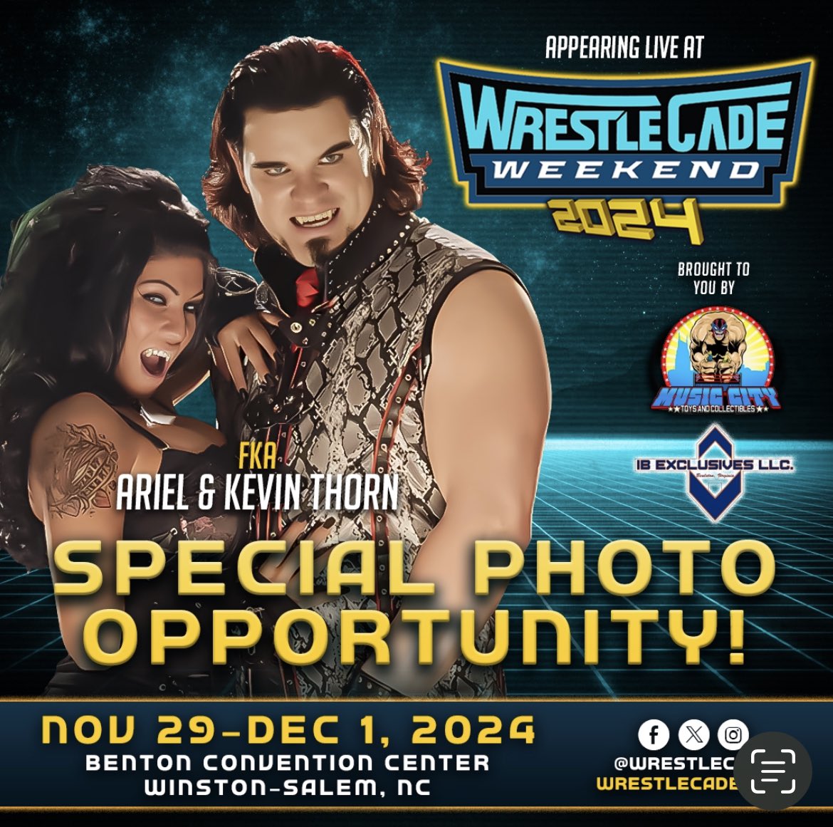 🚨 #WrestleCade Weekend returns! For the first time at a convention in more than 8 years: fka Kevin Thorn &amp; Ariel

Brought to you by our friends at <a href="/MusicCityToys/">Music City Toys & Collectibles</a> &amp; IB Exclusives

Benton Convention Center 
Winston-Salem, NC 
Nov 29-30 &amp; Dec 1

🎟 at wrestlecade.com/tickets
