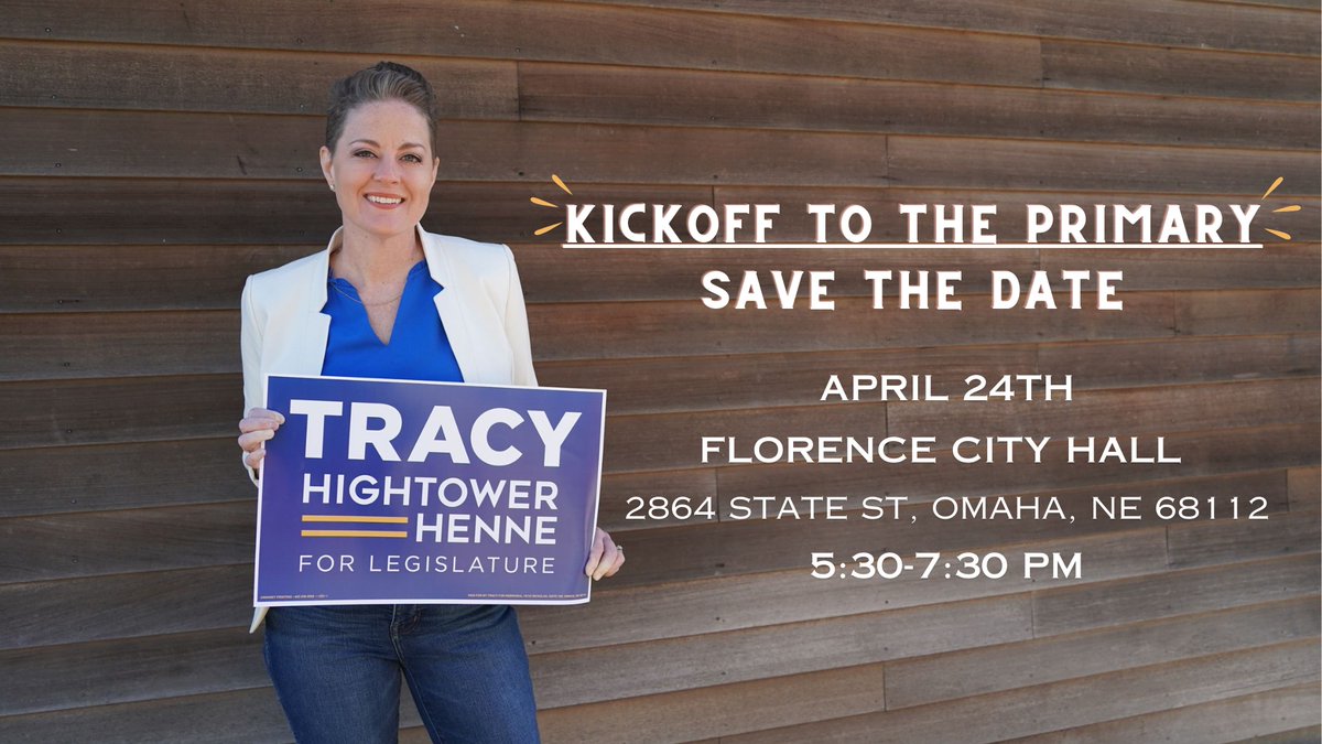 Join @TracyforNE on April 24th at the Florence City Hall from 5:30 to 7:30 PM as we rally behind her for her bid for LD13! Your presence and support will make all the difference in this crucial journey. See you there!

For more info or to donate tracyfornebraska.com