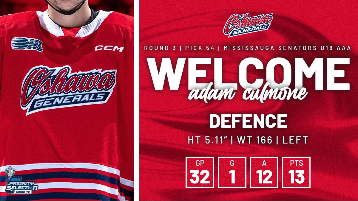 With the 54th overall pick in the 2024 U18 Priority Selection, the Oshawa Generals are proud to select from the Mississauga Senators, Adam Culmone.

Welcome to #GensNation, Adam!

#FutureGENeration | #OHLU18Draft