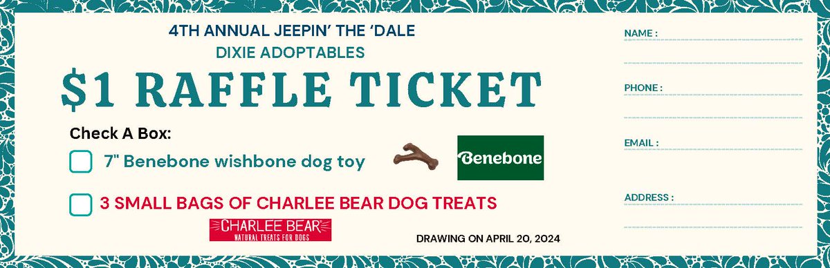 DixieAdoptables's tweet photo. Thank you Benebone for your donation of the Wishbones! #benebone @benebone 
Thank you Charlee Bear Dog Treats for your donation!
#charleebeardogtreats @charleebear
Buy a raffle ticket for these items online here: https://t.co/MTG8USg9vM https://t.co/OYlbgP1HkN
