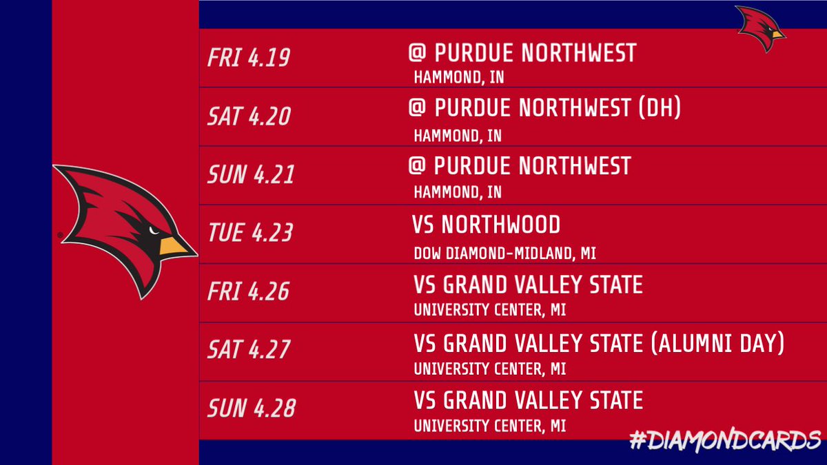 ⚾️♦️⚾️♦️A lot of opportunities to come out and see the Cardinals in the next 10 days ⚾️♦️⚾️♦️ Tuesday 4/23 - Dow Diamond Classic vs Northwood Friday 4/26-Sunday 4/28- Alumni Weekend, Battle of the Valleys HOME vs GVSU Saturday April 27th - ALUMNI Tailgate at 11:30 & DH @ 1 PM