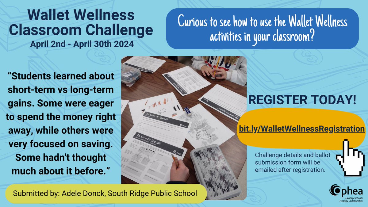 opheacanada's tweet photo. Curious to know how to use the #WalletWellness updated activities in your classroom? Check out the primary, junior and intermediate activities today... 

💸 Be sure to REGISTER for our Challenge in partnership with @MeridianCU to win one of 8 cash prizes: https://t.co/01IODNbmbH https://t.co/XnerXQhnDt