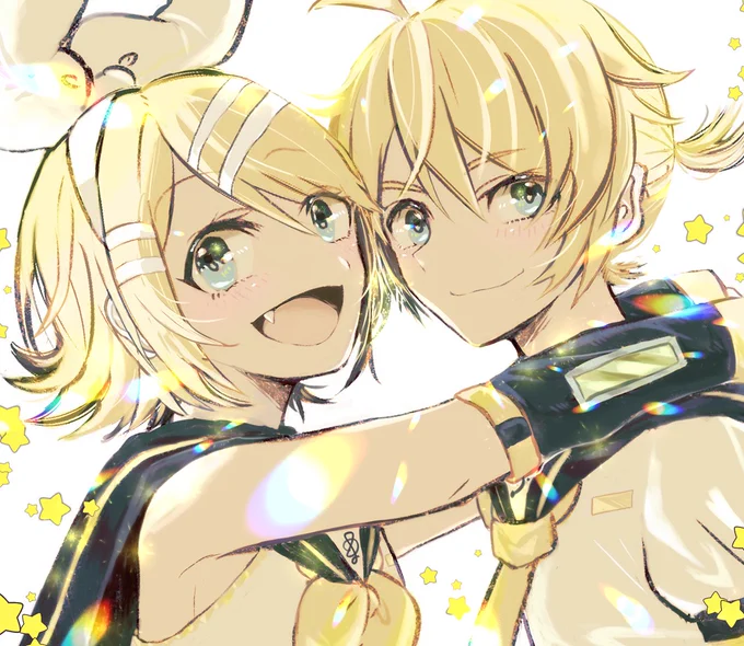 ななしのななさんのリンちゃんとレンくん!パッと弾ける明るい笑顔が(・∀・)イイ!!ホー!キラキラ星がいっぱいで素敵な1枚だホー!☆【】 #piapro #鏡音リン #鏡音レン 
