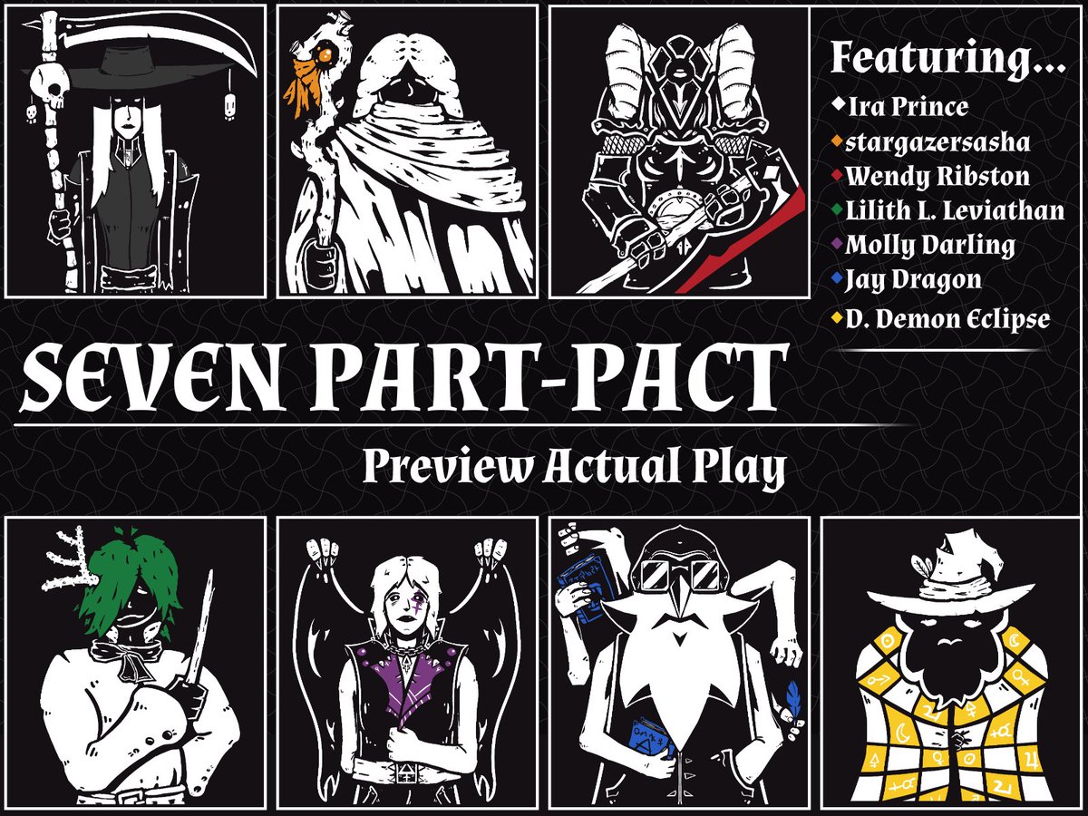 Next Wednesday, April 24th at 1:00 PM EST, it's the second episode of the Seven Part-Pact Preview Actual Play, where we play @jdragsky's awesome wizard game, with art by @RibstonP! Tune in for otter thieves, strange pilgrims and other hijinks!