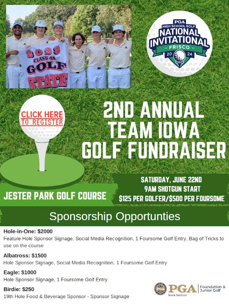 TeamIowaGolf's tweet photo. 🏌️‍♂️ Calling all golf enthusiasts! ⛳️ Join us at Jester Park Golf Course (Home of the Johnston Men’s Golf Team) on Saturday, June 22nd.

Click here to register: https://t.co/hhQCci7ig1 https://t.co/Pc9aFRtJrV