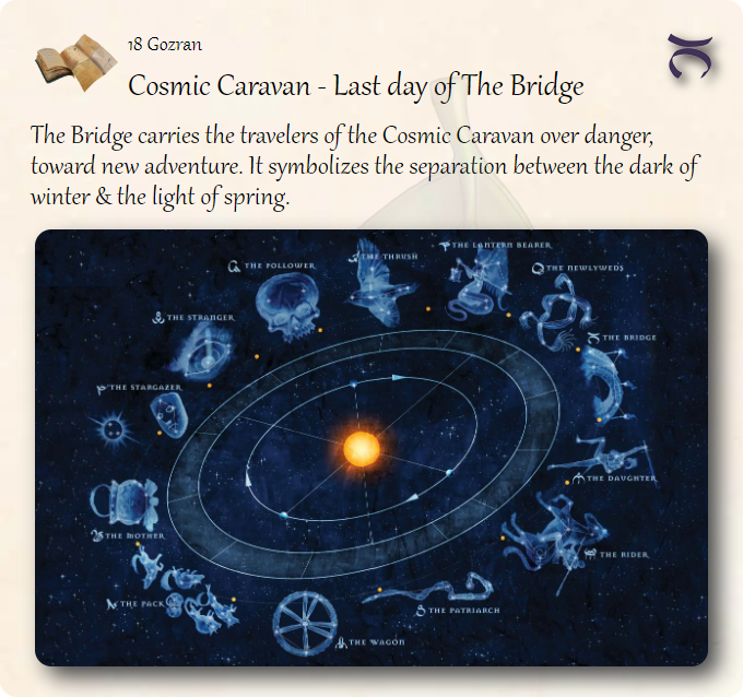 GolarionToday's tweet photo. 18 Gozran: Cosmic Caravan - Last day of The Bridge
 #CosmicCaravan
 https://t.co/QfasmVJ7NT  
The Bridge carries the travelers of the Cosmic Caravan over danger, toward new adventure. It symbolizes the separation between the dark of winter and the light of spring. https://t.co/x21tAnemSw