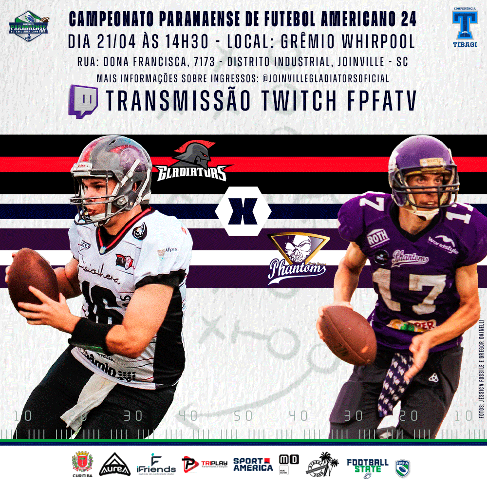 fpfaoficial's tweet photo. Em busca de uma vaga nos playoffs, teremos um confronto que não acontece desde 2012.
É isso mesmo! O Gladiators recebe a equipe do Phantoms, em Santa Catarina.
Transmissão na Twitch da FPFATV e narração do Queridinho, Valdô Júnior!
#FPFA #FOOTBALLSTATE #FUTEBOLAMERICANO https://t.co/gUKwhQHlRZ