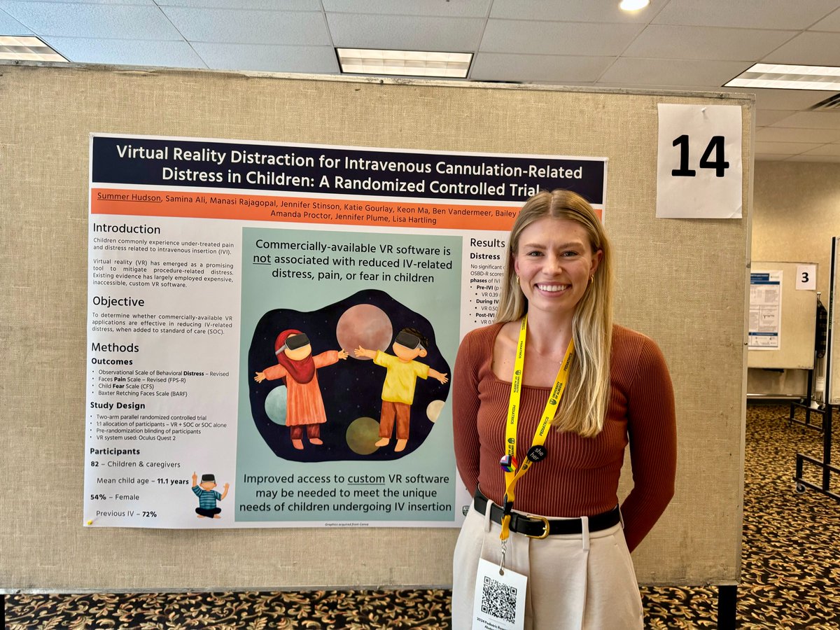 Congratulations @SummerKHudson for winning the @UAlberta_FoMD Pediatric Research Day poster award on her poster: Virtual Reality Distraction for Intravenous Cannulated-Related Distress in Children: A Randomized Controlled Trial!🎉🎉@AliPainLab @DrSaminaAli @WCHRIUofA