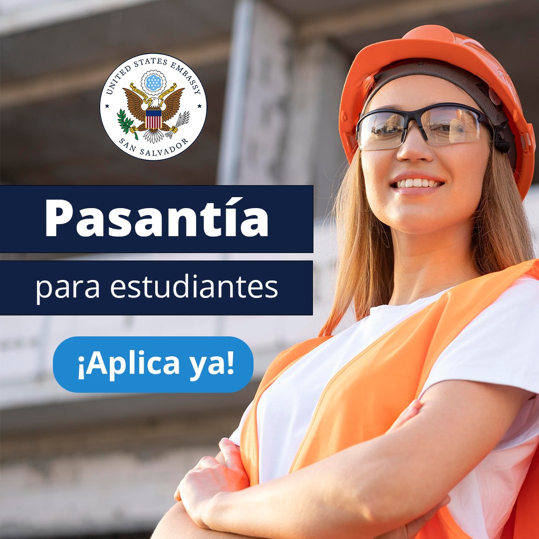 ¡#Pasantía disponible! Forma parte de la Oficina de Instalaciones de la #Embajada. Como requisitos, debes ser estudiante de segundo semestre de arquitectura, ingeniería o técnicos en sistemas de ventilación, carpintería, plomería, o afines a la construcción. Además, debes tener