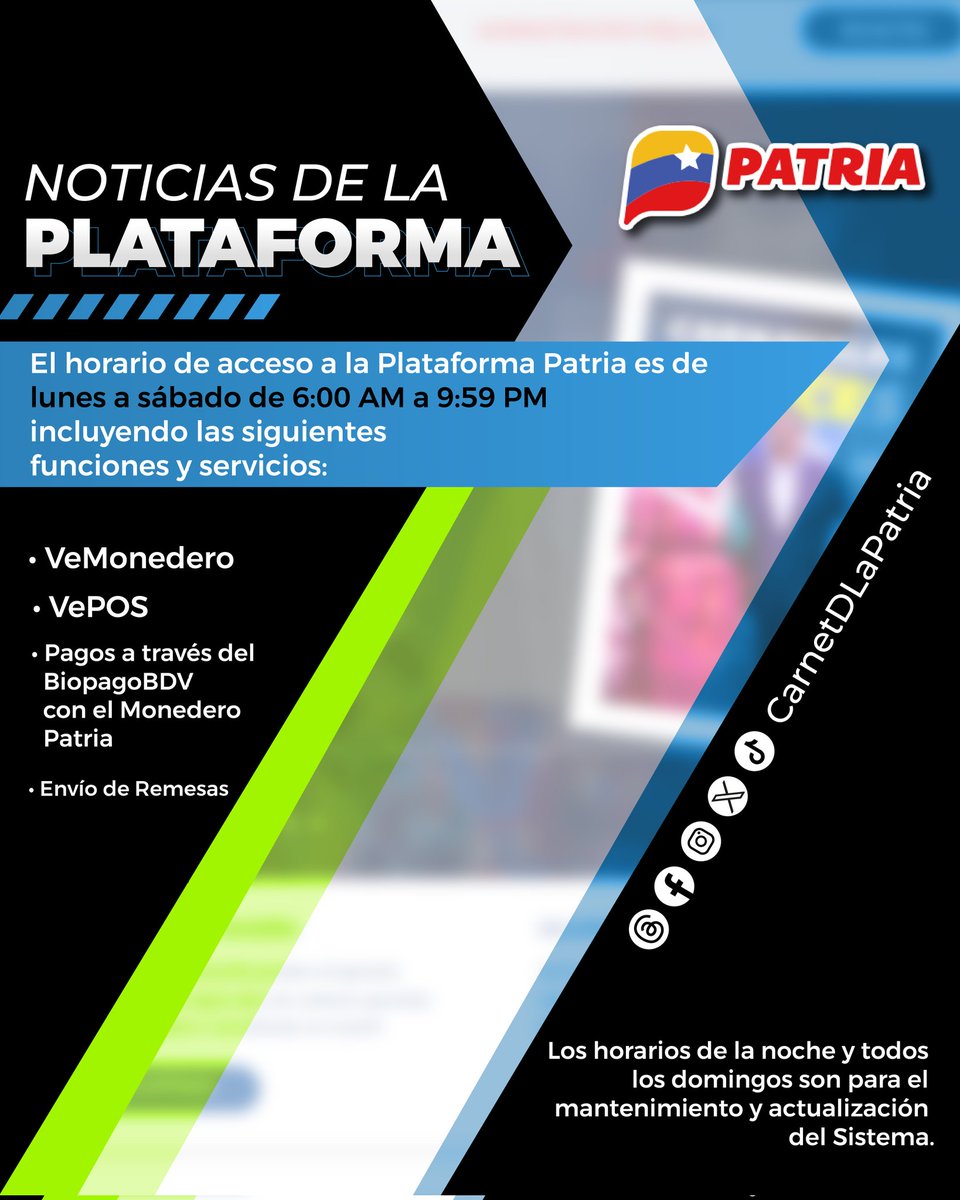 #ATENCIÓN|| Estimados Usuarios y usuarias, el #SistemaPatria informa que el horario de acceso a la #PlataformaPatria, es de lunes a sábado de 6:00 AM a 9:59 PM, los horarios de la noche y domingos son para el mantenimiento y actualización del sistema. #VenezuelaSeRespetaYPunto