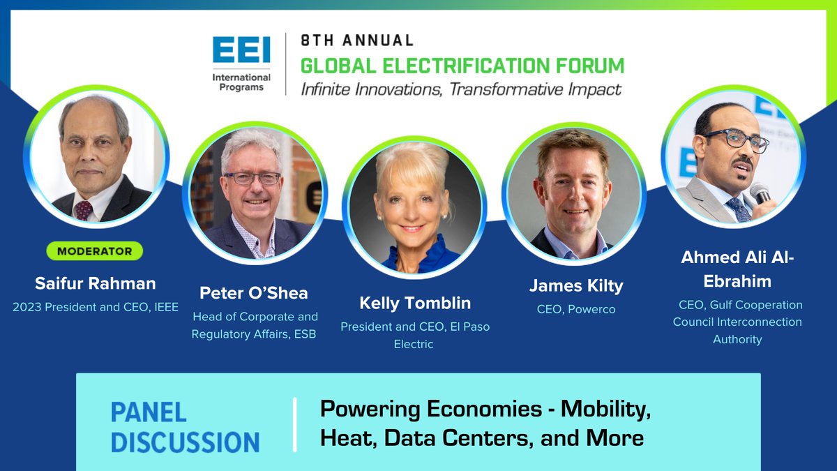 On Tuesday, 16 April I chaired the panel, "Powering Economies - Mobility, Heat, Data Centers, and More" at the Edison Electric Institute 8th Annual Global Innovation Forum in Washington DC. Panelists came from Ireland, Texas, New Zealand and Saudi Arabia. eei.org