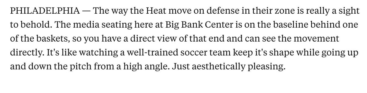 Way the Heat move on defense in their zone is really aesthetically pleasing. Media seats in Philly are baseline, eye-level with the court and it's like watching a well-trained soccer team keep it's shape while going up and down the pitch from a high angle. theathletic.com/live-blogs/hea…