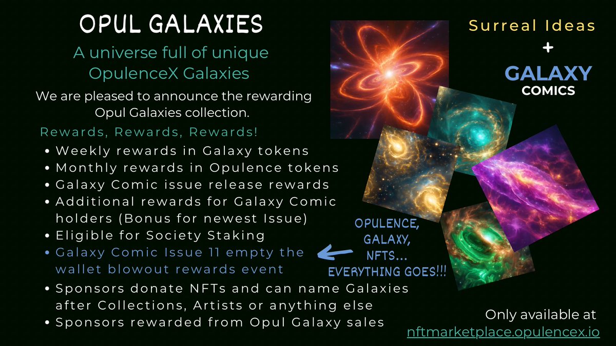The first Opul Galaxies rewards have been sent to support the release of the new issue of Galaxy Comics‼️

Get your Opul Galaxies to get future rewards
👉 🔗 nftmarketplace.opulencex.io/collection/660…

@OpulenceX_NFT @GalaxyCoin2