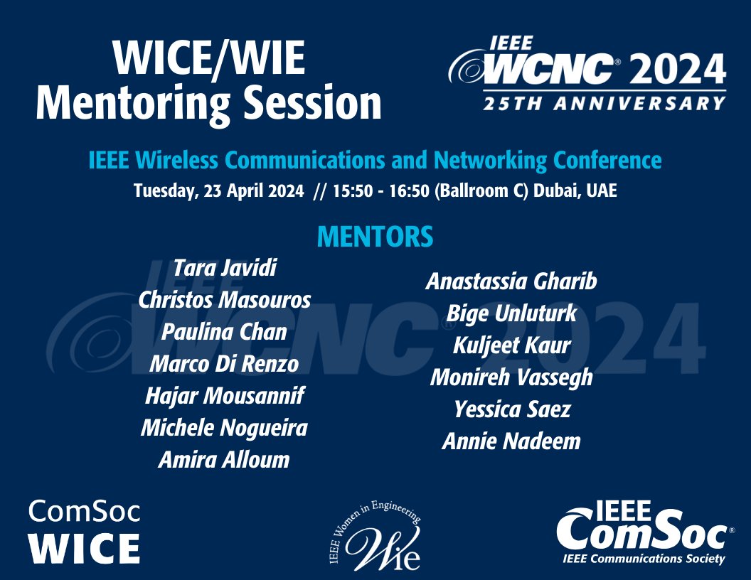 IeeeW80923's tweet photo. Please join us at WICE/WIE Session at IEEE WCNC 2024 Conference in Dubai on April 23, 2024! 
The session will feature a panel on Communication-Computing Continuum for 6G &amp; IoT as well as a mentoring session. 
See the details at: https://t.co/8sh6f1VtNz
@ComSoc @IEEEWIE https://t.co/9wfUJi0eyE