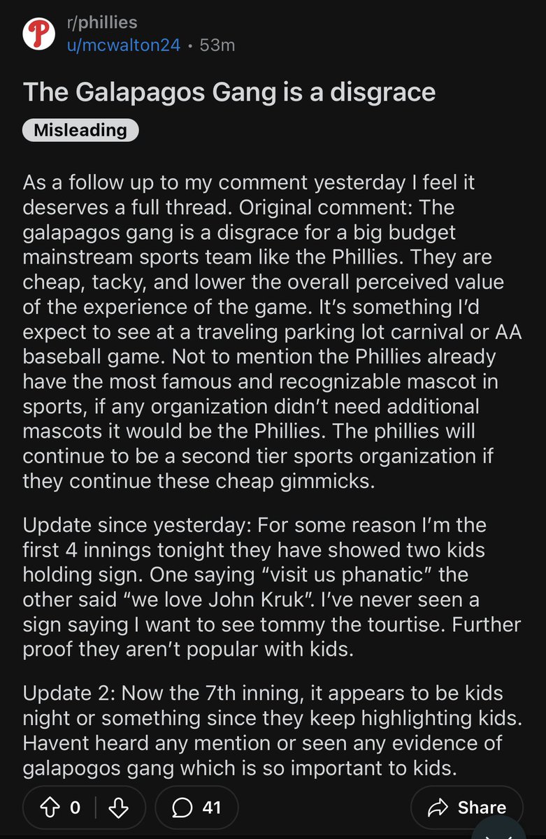 JoeyStier's tweet photo. On a night when the Sixers are once again showing their true colors, this reddit post has given us a new low of the Philly fan base smh! The Galapagos Gang are ELITE!!! They’ve done no wrong to anyone. Who hurt this guy?!?! https://t.co/MJvRNBx5tw