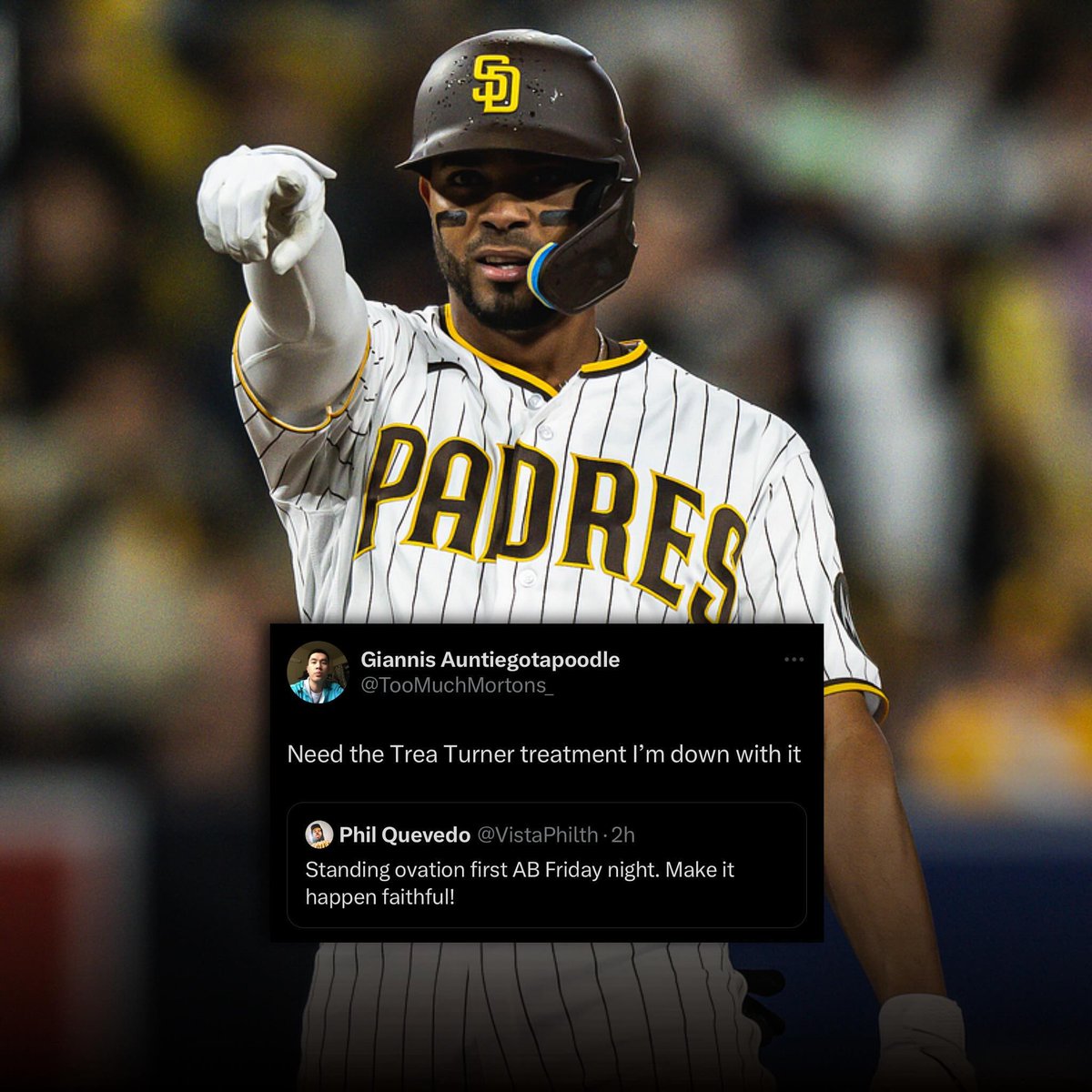 Jarmusic23's tweet photo. Alright Padres fans.  🚨Spread the word. 🚨If you are going to the Padres game Friday Night, we are going to do a Standing Ovation for Xander Bogaerts at the plate like they did for Trea Turner. Maybe we can fix him and help him out of his slump at the plate. Share this with whoever you can. #Padres #Xander #Bogaerts #XanderBogaerts #ForTheFaithful #StandingOvation