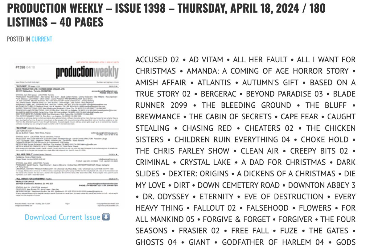 Production Weekly - Issue 1398 - Thursday, April 18, 2024 / 180 Listings - 40 Pages productionweekly.com/production-wee… Download Current Issue ⬇️