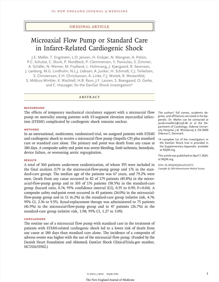 Congratulations Dr. Jacob Møller & colleagues for #ACC24 @NEJM publication of DanGer Shock! This validates what many of us have been doing for many years! 
#MCS @Abiomed #shock