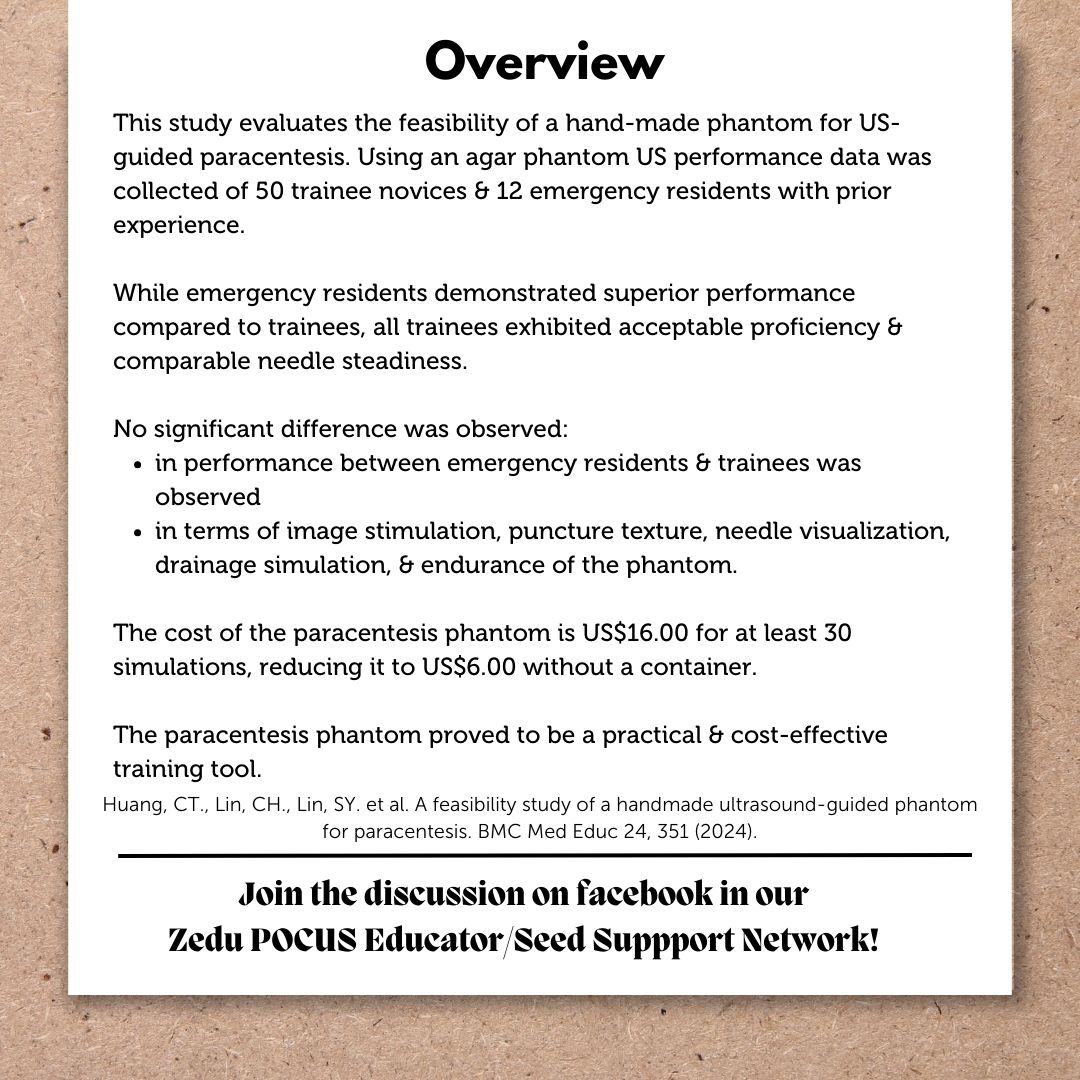 We get an honorable mention in this edition of the #POCUS article of the week 😁 Proving the effectiveness of DIY phantoms - in this case for paracentesis Check it out facebook.com/groups/2320595… Plus our world famous #ultrasound phantom compendium here ultrasoundtraining.com.au/resources/diy-…