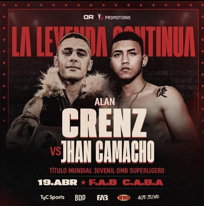 #Boxeo Este viernes en la FAB, @alancrenz  11 -1 (11 KO) defenderá el Titulo Mundial Juvenil OMB Super Ligero vs Jhan Camacho 9-1-1 (1 KO)
El evento será televisado por <a href="/tycsports/">TyC Sports</a>