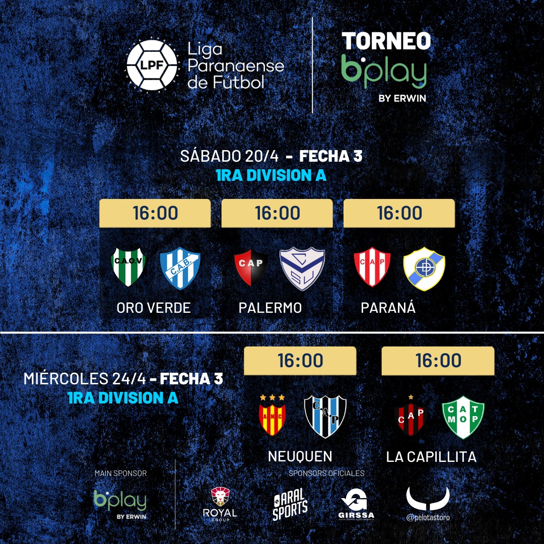 ¡SE ENCIENDE EL JUEGO EN LA TERCERA!
Regresa la acción en el #TorneoBPlay de la Primera A de la #LigaParanaense⚽️🔥 

Así se jugará la Fecha 3, cuyas Sub23 iniciarán a las 14hs.