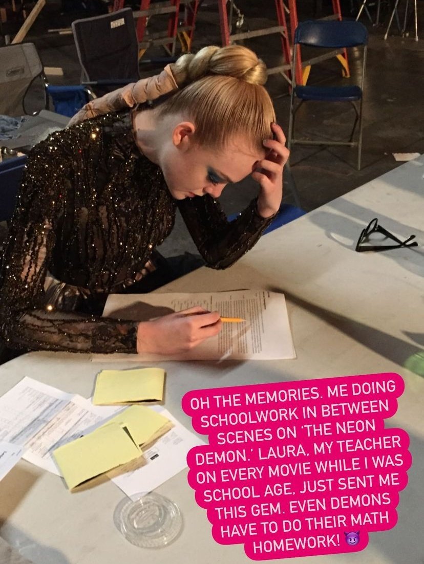 elle fanning doing her schoolworks while on the set of the neon demon this is some LEGENDARY stuff right here