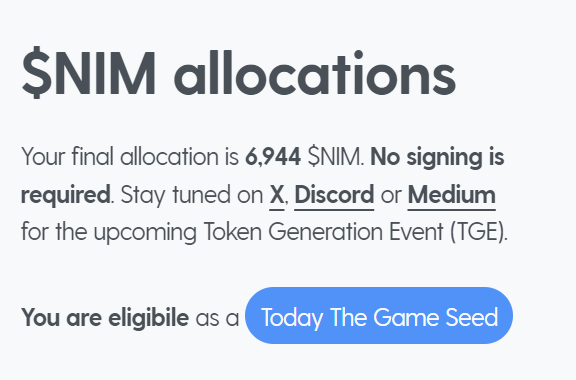 Looks like I'll be getting a fat airdrop of $NIM just for being a @todaythegame holder. Hope this one cooks. 🙏