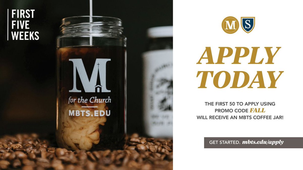 MBTS's tweet photo. Are you ready to apply to Midwestern Seminary or Spurgeon College?

Future students can apply for free with code FALL. The first 50 students to apply with the code will receive a free MBTS coffee jar!

APPLY TODAY >>> https://t.co/hvOV92iR4U https://t.co/Z3U9aA6Q0y
