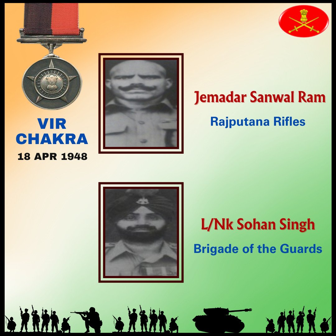 18 Apr 1948

Jammu and Kashmir

Jemadar Sanwal Ram and L/Naik Sohan Singh displayed indomitable courage, resolute determination & undaunted bravery in the face of the enemy. Awarded #VirChakra.

gallantryawards.gov.in/awardee/1269
gallantryawards.gov.in/awardee/1420