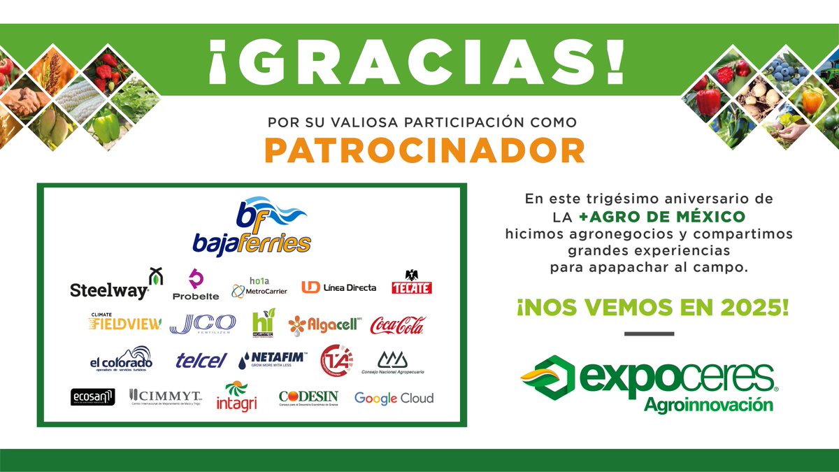 Reconocemos a nuestros patrocinadores por su confianza en #Expoceres y agradecemos su compromiso para lograr que esta edición fuera todo un éxito. 👏

¡Gracias! 🤝🌾

#LaMásAgroDeMx #GrupoCeres