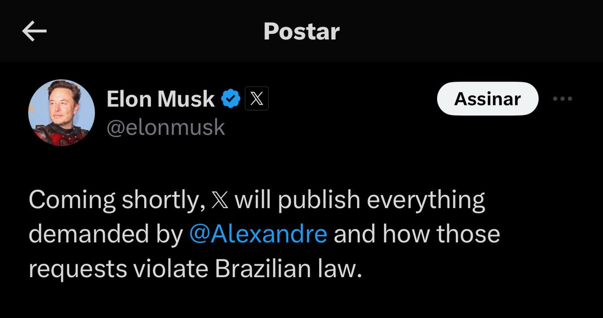 SamPancher's tweet photo. Cronologia:

No dia 7/4, Elon Musk diz que vai divulgar todas as decisões de Moraes endereçadas ao X.

No dia seguinte, Musk diz que precisa primeiro garantir a segurança dos funcionários no Brasil.

Dia 15, o Twitter informa que cópias das decisões foram solicitados pela Câmara dos EUA e que para obedecer a lei americana, terá que entrega-las.

Hoje, o Comitê da Câmara dos EUA divulga as informações prometidas por Musk.