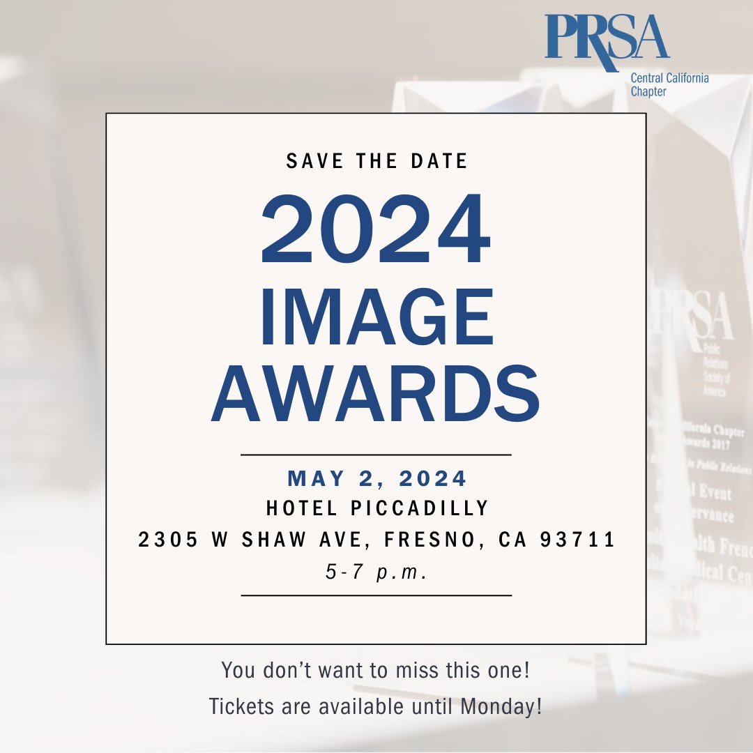 PRSACentralCA's tweet photo. DON’T MISS OUT!🏆 Join us for a night of fun, networking and celebration as we honor the works of distinction in the practice of public relations by Central Valley professionals.

Please purchase tickets for the event by Monday, April 22 at https://t.co/cLZfdDPexh. https://t.co/eicnT2e2VZ