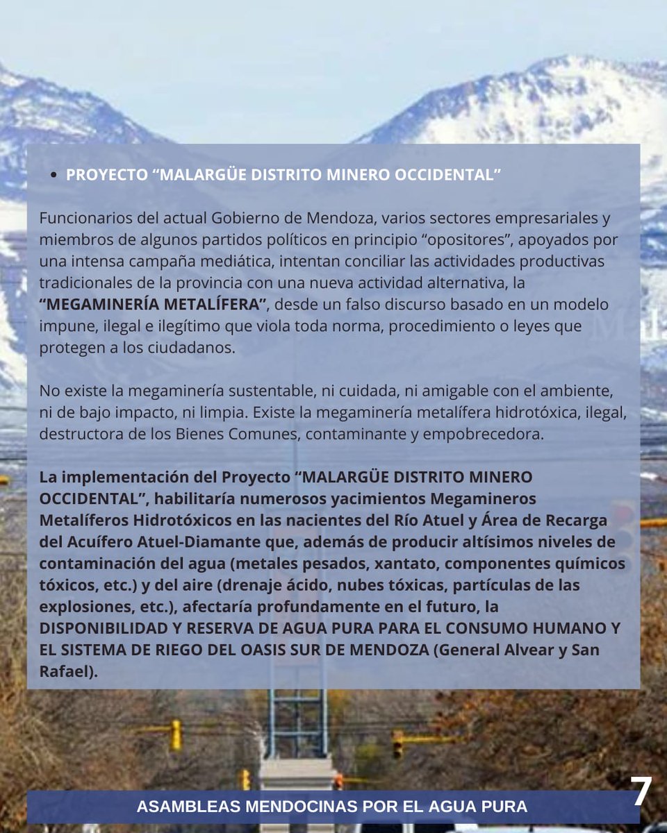 Asambleasrafael's tweet photo. 🔵📢 COMUNICADO DE #AMPAP
➡️MALARGÜE, DISTRITO MINERO OCCIDENTAL⬅️
¿HACIA UNA AGROECOLOGIA ALIMENTARIA O UNA MEGAMINERÍA HIDROTÓXICA? Parte 2️⃣
#MendozaLibredeMegamineria
#ElAguadeMendozaNoSeNegocia
#Aguapura
#La7722NoSeToca
#SialAreaNaturalProtegidaUspallataPolvareda https://t.co/qLnWC5oAAj