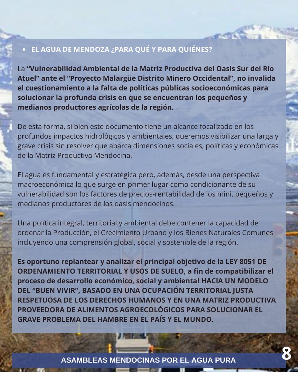 Asambleasrafael's tweet photo. 🔵📢 COMUNICADO DE #AMPAP
➡️MALARGÜE, DISTRITO MINERO OCCIDENTAL⬅️
¿HACIA UNA AGROECOLOGIA ALIMENTARIA O UNA MEGAMINERÍA HIDROTÓXICA? Parte 2️⃣
#MendozaLibredeMegamineria
#ElAguadeMendozaNoSeNegocia
#Aguapura
#La7722NoSeToca
#SialAreaNaturalProtegidaUspallataPolvareda https://t.co/qLnWC5oAAj