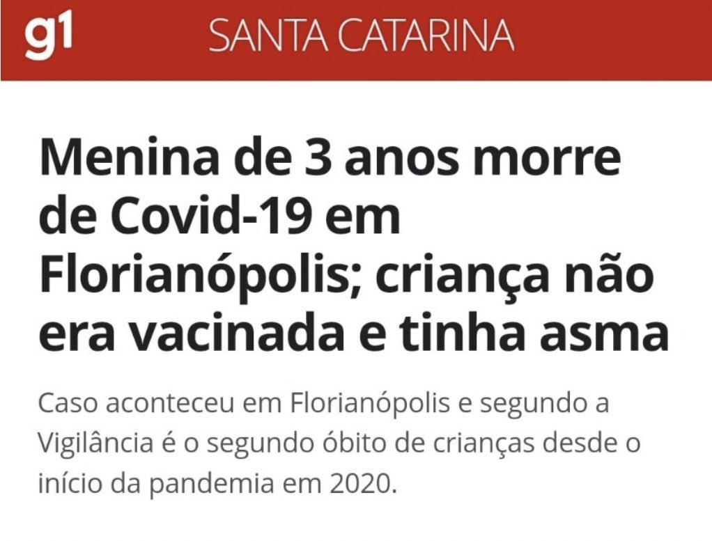 Uma criança de três anos morreu de covid-19 em Santa Catarina. Ela não era vacinada contra a doença. Governador Jorginho e vários prefeitos bolsonaristas promoveram campanha contra a obrigatoriedade da vacinação contra covid-19 para crianças. Infelizmente muitos pais seguiram a…