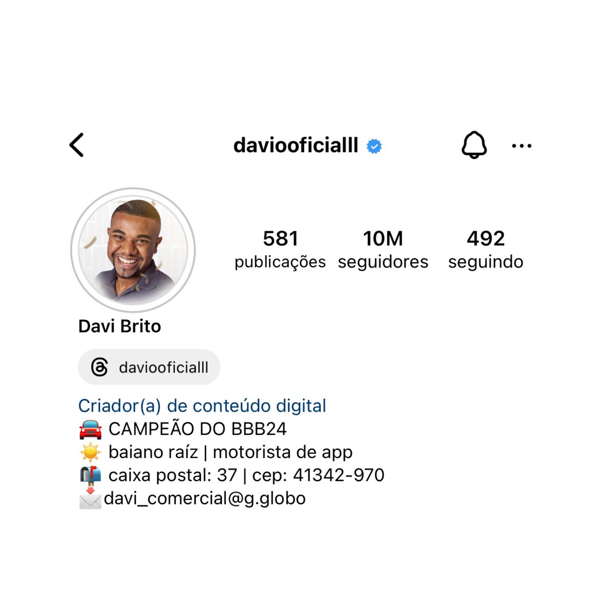 Dez milhões do Davi no instagram. O homem não para de crescer 🚀