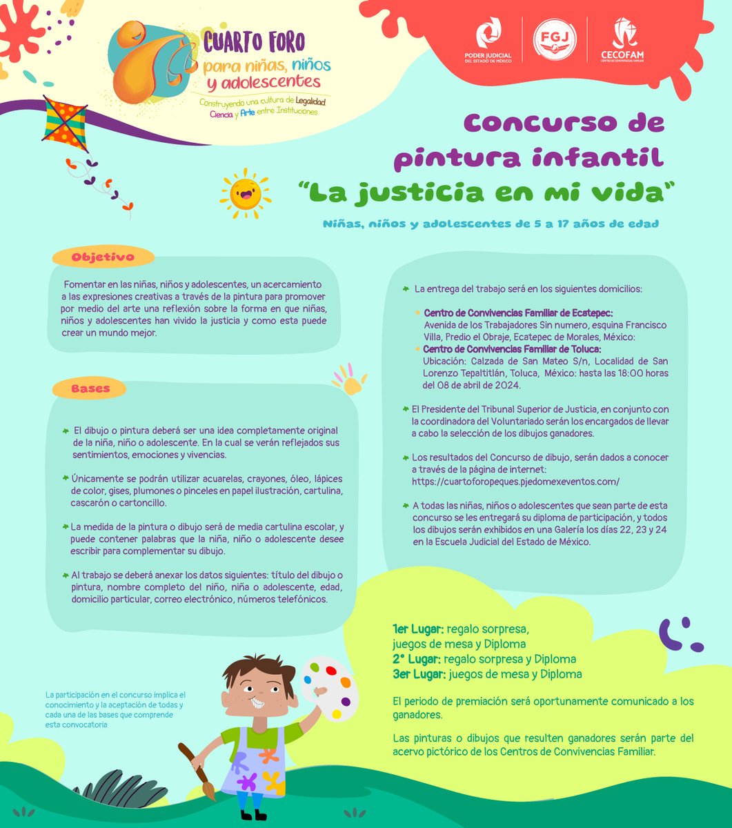 Concurso de dibujo, talleres, mesas de trabajo y muchas más actividades, en el Cuarto Foro para niñas, niños y adolescentes. 🎨🎭🎲 Asiste del 22 al 24 de abril en la @EJudicialEdoMex. cuartoforopeques.pjedomexeventos.com