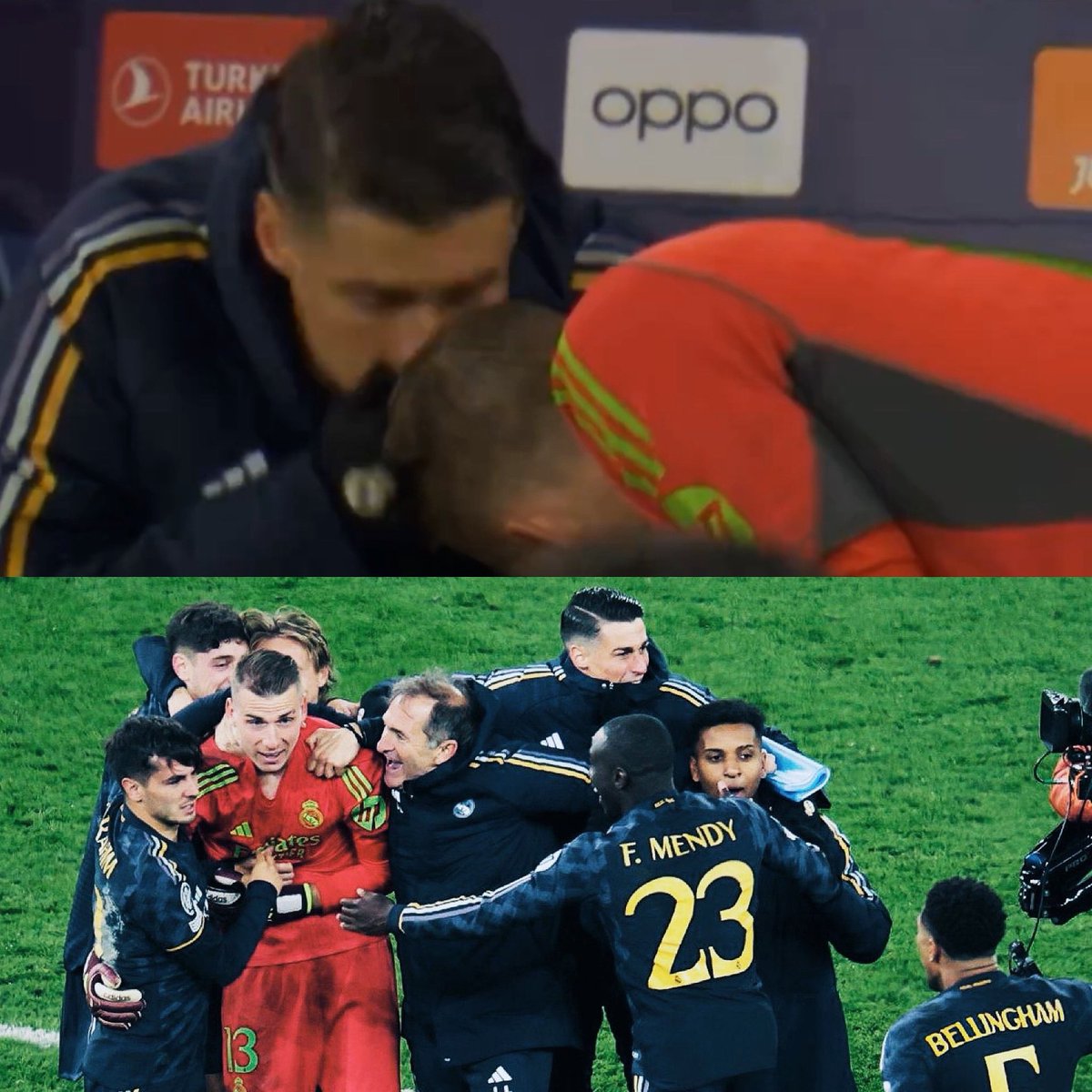 Juezcentral's tweet photo. Espectacular momento antes de los penales entre Man City y Real Madrid. Kepa, conocedor de muchos de los jugadores del City, le aconseja a Lunin a dónde lanzarse. Davide Ancelotti contó que en esa charla, Kepa ayudó también a escoger los lanzadores del Madrid.

Después, tras la victoria, Kepa es de los primeros que va a abrazar a Lunin. No importa que el ucraniano le haya quitado la titularidad, hay solidaridad, compañerismo. Hay equipo. Esto también es el Real Madrid Club de Fútbol.