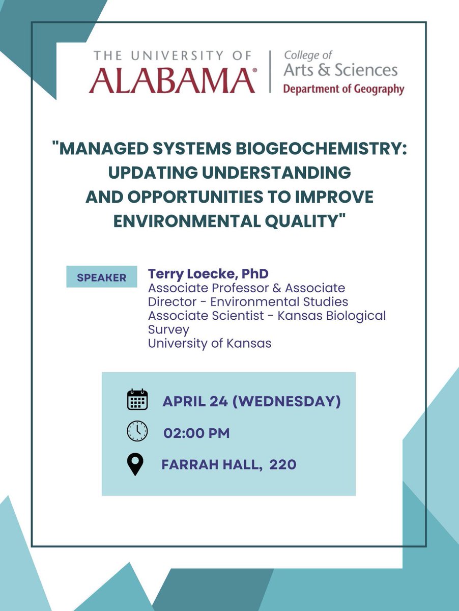 📣 Colloquium alert: 'Managed systems biogeochemistry: updating understanding and opportunities to improve environmental quality' Speaker: Dr. Terry Loecke The University of Kansas Date: 24th April, 2024 Time: 2:00 PM Venue: Farrah Hall, 220