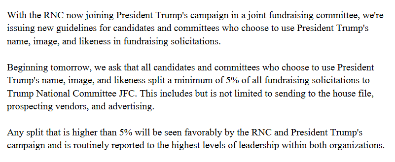 DirigoBlue's tweet photo. Trump is grifting off other @GOP candidates Here is the Trump campaign and @RNC asking for a 5% cut But I'm going to guess that most down ballot candidates have their heads so far up Trump's ass that it's OK https://t.co/sNxZF86EVj #MePolitics Do you agree @AustinTheriault? https://t.co/IjoBH2NjFr